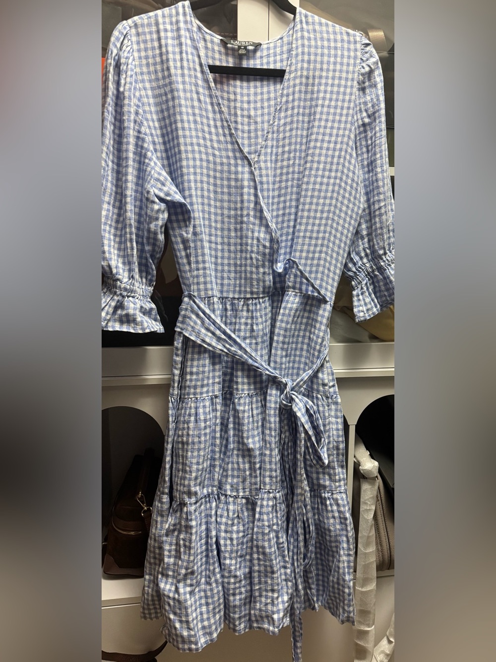 Ralph Lauren Blue and White Gingham Wrap Midi Dress